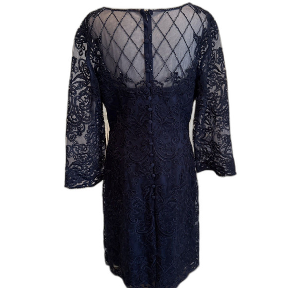 Women's  Blue Dress With See Through Top Area Beaded Zip Up With Button Accent - Picture 5 of 6